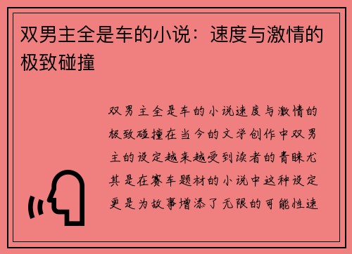 双男主全是车的小说：速度与激情的极致碰撞
